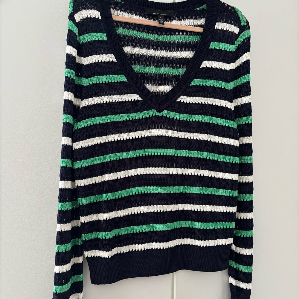 White House Black Market V-Neck Sweater - Navy Blue, White, Green Stripes